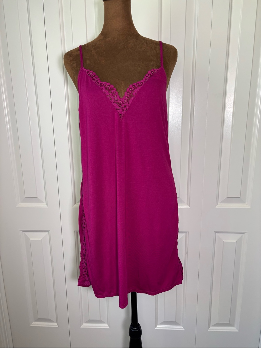 Victoria’s Secret Fuchsia Lace Trim Low Back Cross Strap Modal Slip Dress Sz M